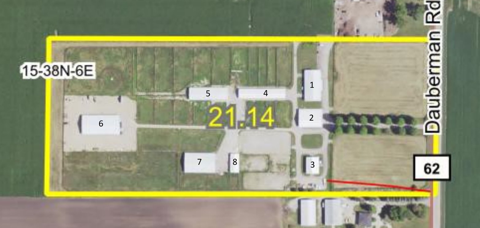 Aerial site map of the 21.14-acre Dauberman Road property showing buildings 1 through 8